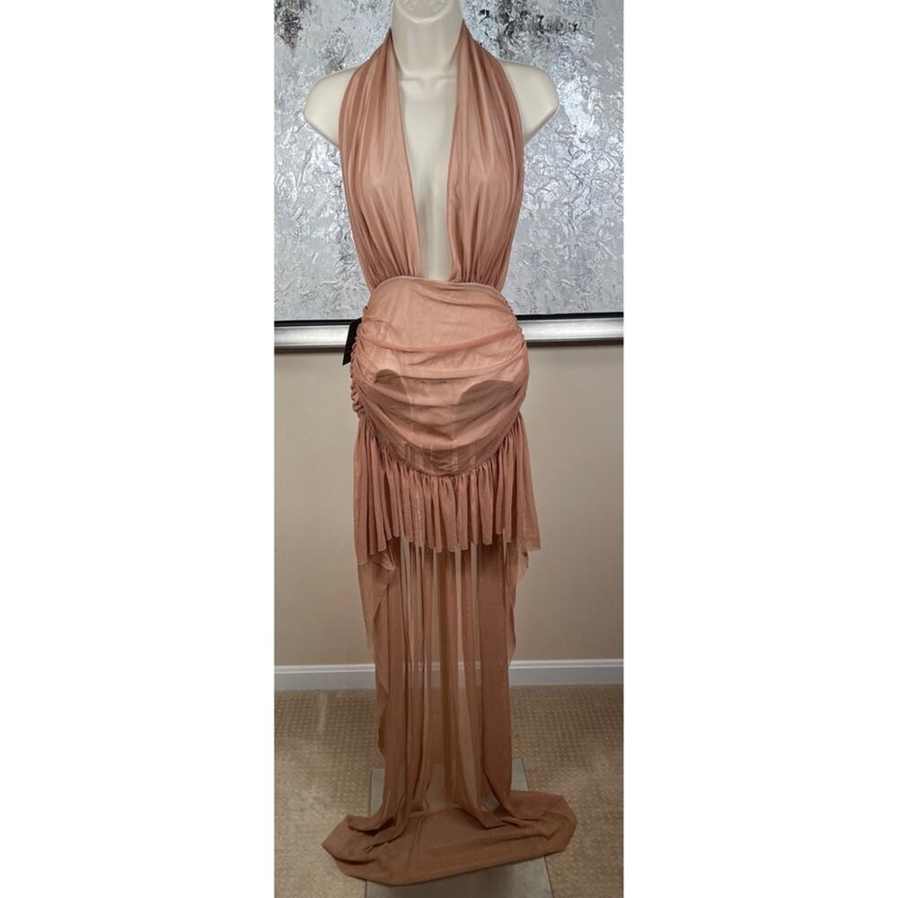 NORMA KAMALI Hi Low Halter Mini Dress in Cappuccino & Snow White Size XS - Picture 2 of 7